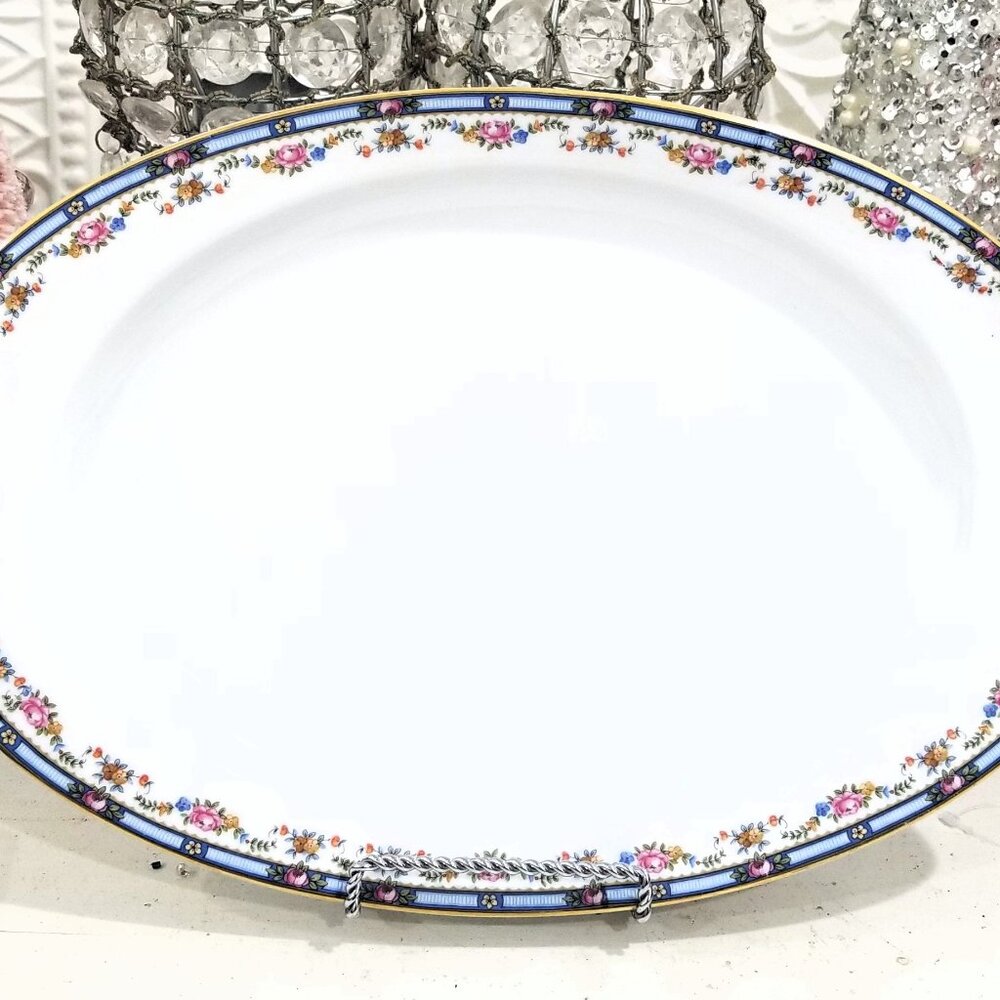 TK Thuny CARLTON Oval Serving Platter 14" - Czechoslovakia Thun Roses Blue Rim